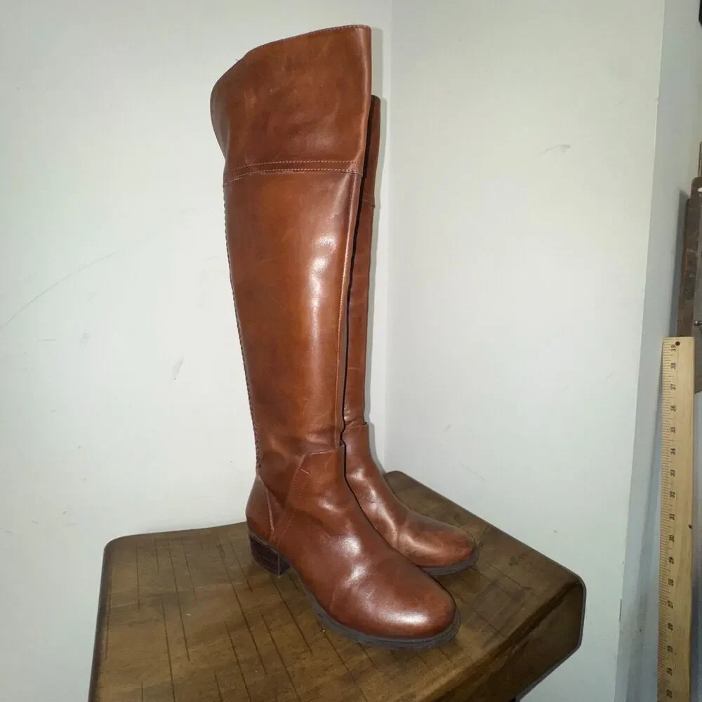 Vince Camuto Brown Leather Tall Riding Boots Braided Womens 7.5 Classic